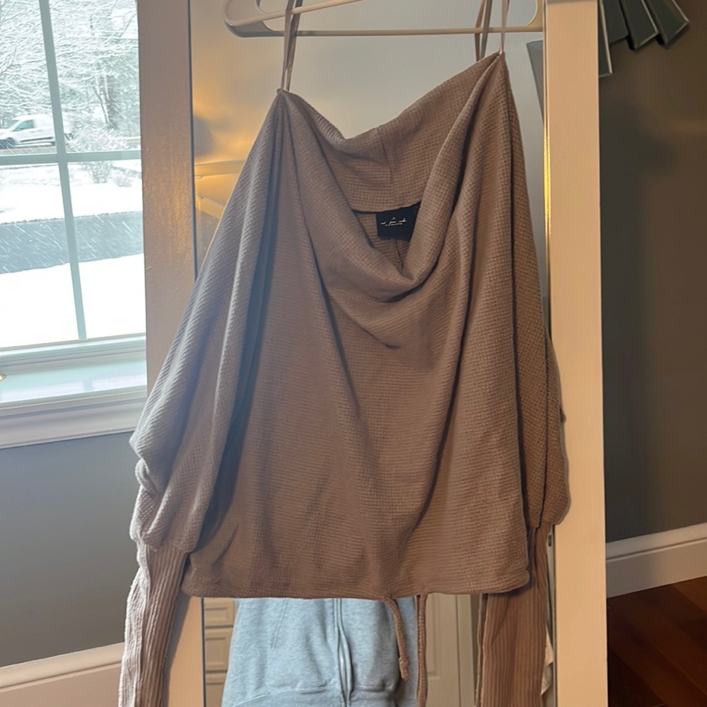 Urban outfitters sweater off shoulder with a tie at the bottom